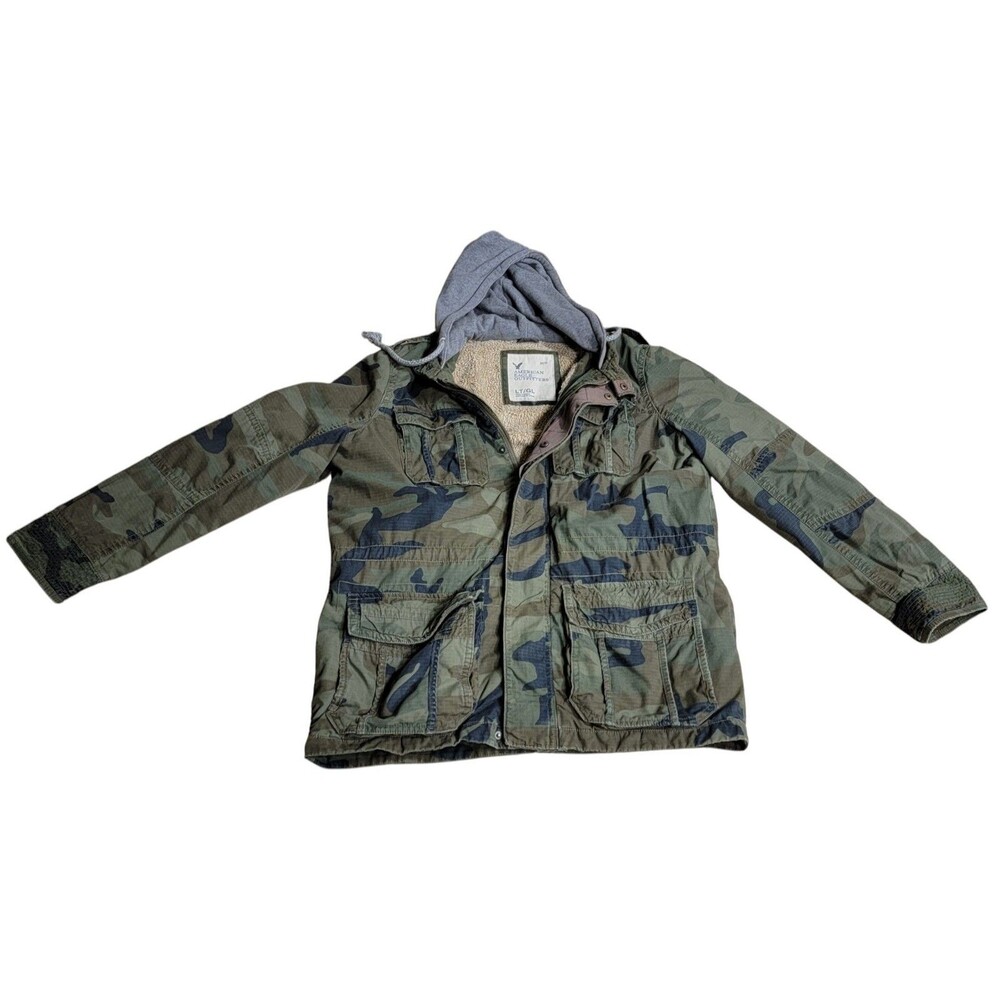 American Eagle Jacket Mens Large Tall Green Woodland Camo Sherpa Hood Ripstop